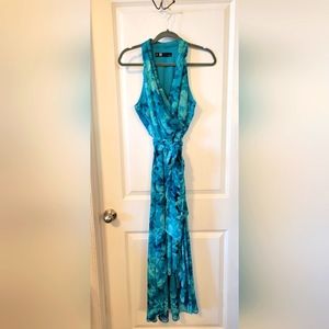 Beautiful Size 14 Floral Turquoise and Teal Leslie Fay Halter Summer Dress